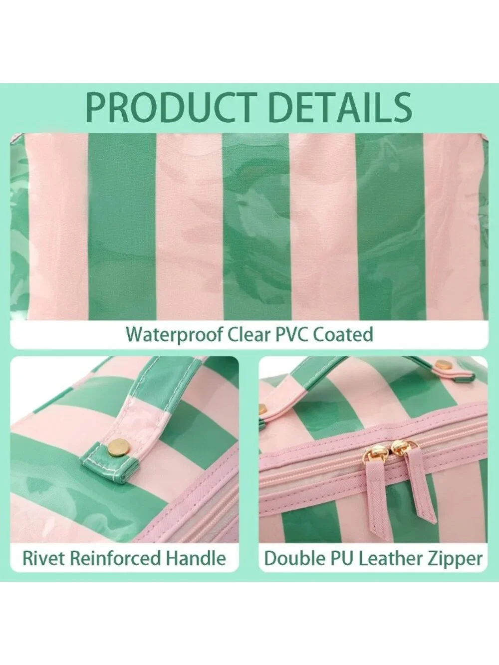 Travel Makeup Bag - Pink & Green Striped, Waterproof, Portable Organizer for